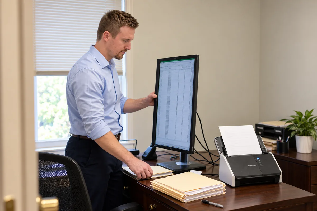 Illustration of Preston setting up a vertical monitor and document scanner.