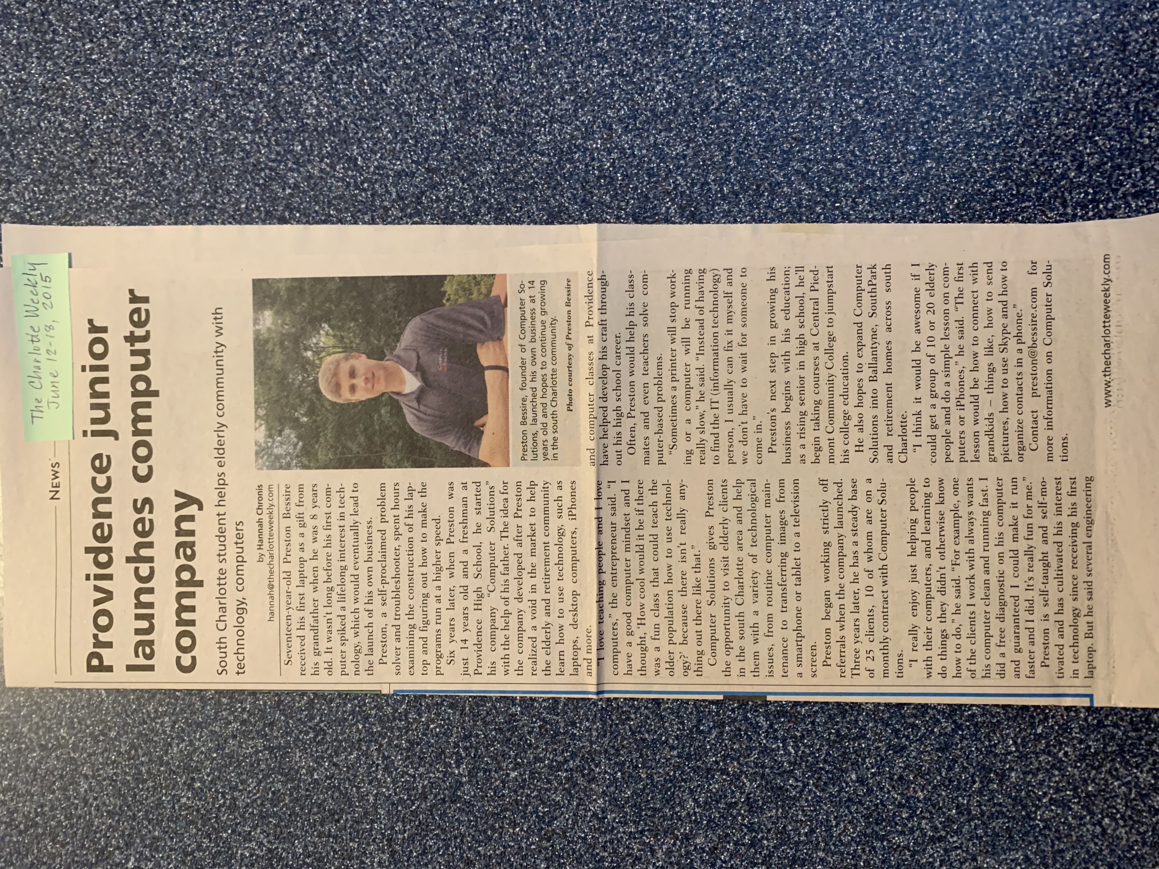 Charlotte Weekly article featuring Preston